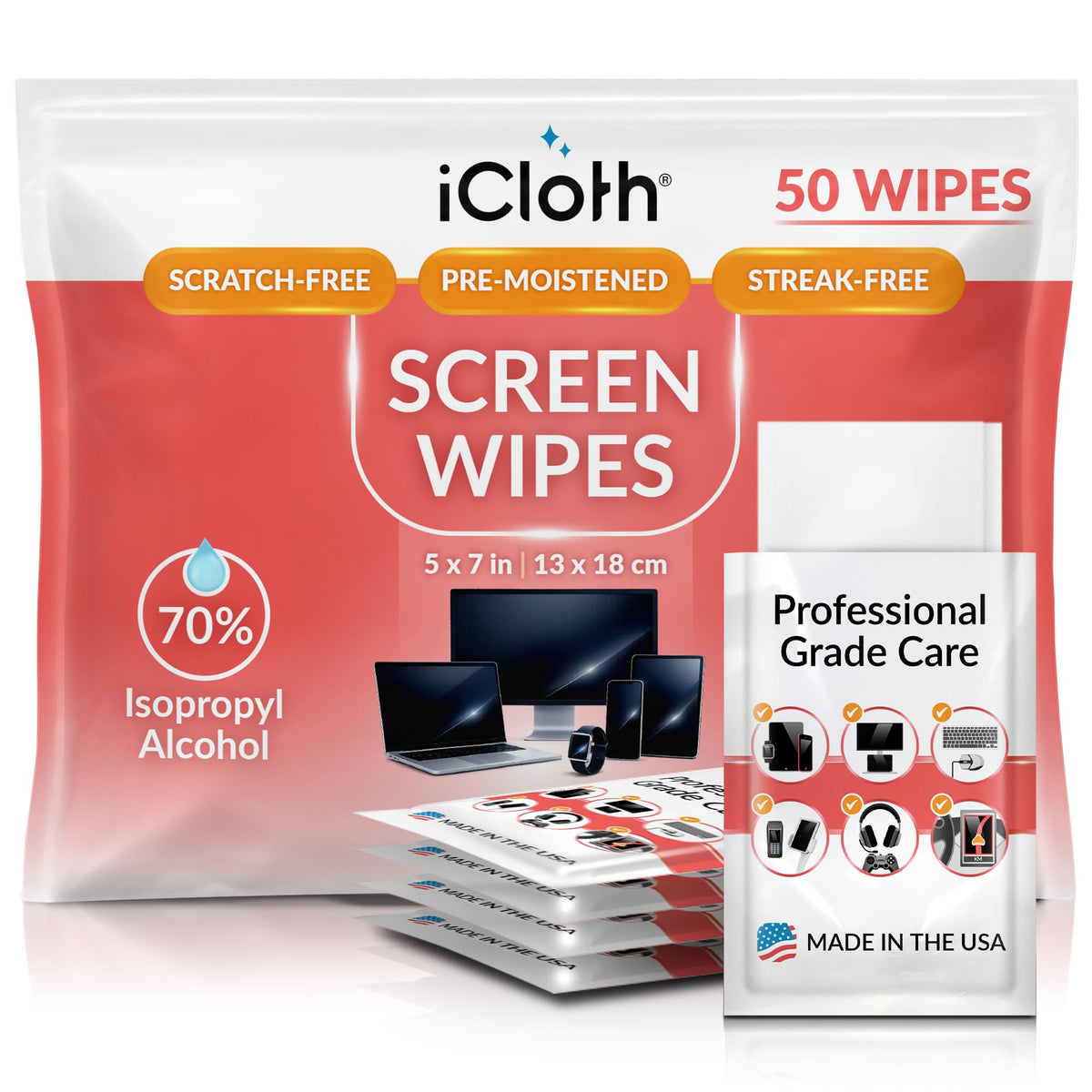 iCloth 70% Isopropyl Alcohol Large Screen and Electronics Wipes, Lint-Free, Streak-Free, Fast-Drying, Removes Dust and Fingerprints (50 Wipes)