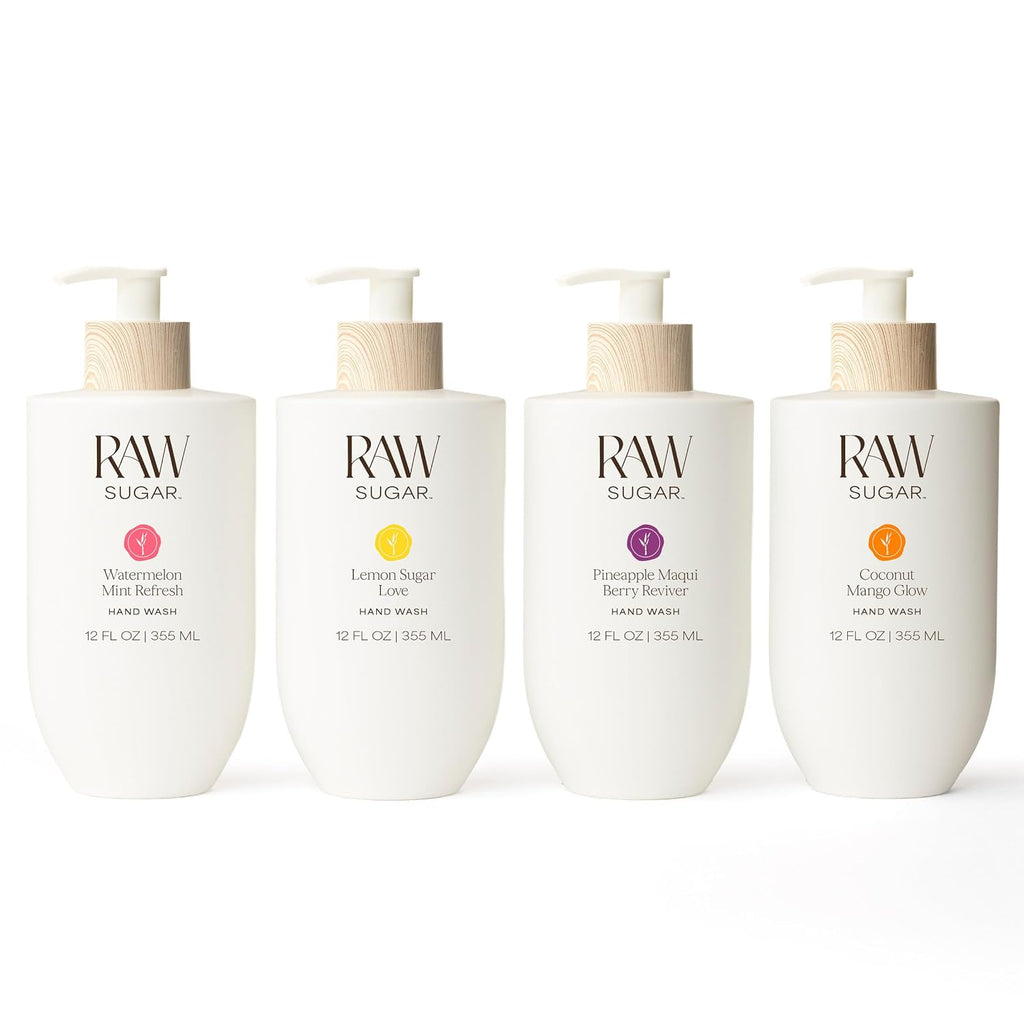 RAW SUGAR Hand Wash Variety Bundle (12 Fl Oz, Pack of 4) Vegan Soap, Coconut Mango Glow, Pineapple Maqui Berry Reviver, Watermelon Mint Refresh, Lemon Sugar Love, Made without SLS/SLES & Parabens