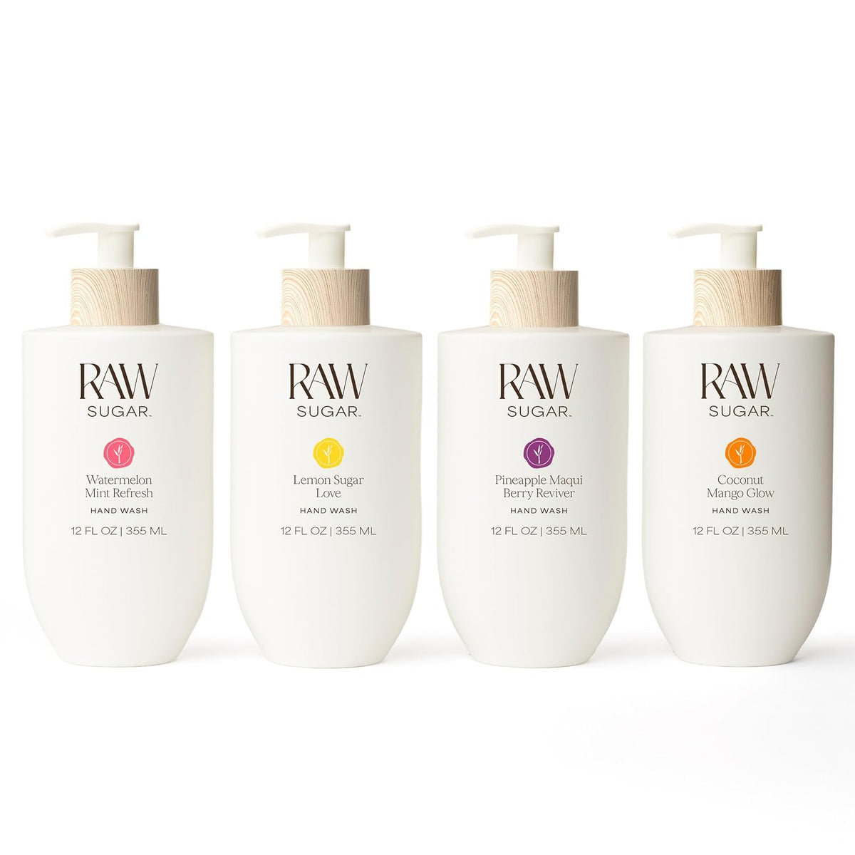 RAW SUGAR Hand Wash Variety Bundle (12 Fl Oz, Pack of 4) Vegan Soap, Coconut Mango Glow, Pineapple Maqui Berry Reviver, Watermelon Mint Refresh, Lemon Sugar Love, Made without SLS/SLES & Parabens