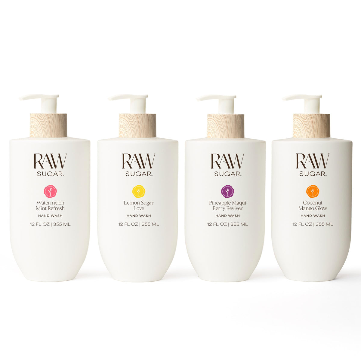 RAW SUGAR Hand Wash Variety Bundle (12 Fl Oz, Pack of 4) Vegan Soap, Coconut Mango Glow, Pineapple Maqui Berry Reviver, Watermelon Mint Refresh, Lemon Sugar Love, Made without SLS/SLES & Parabens