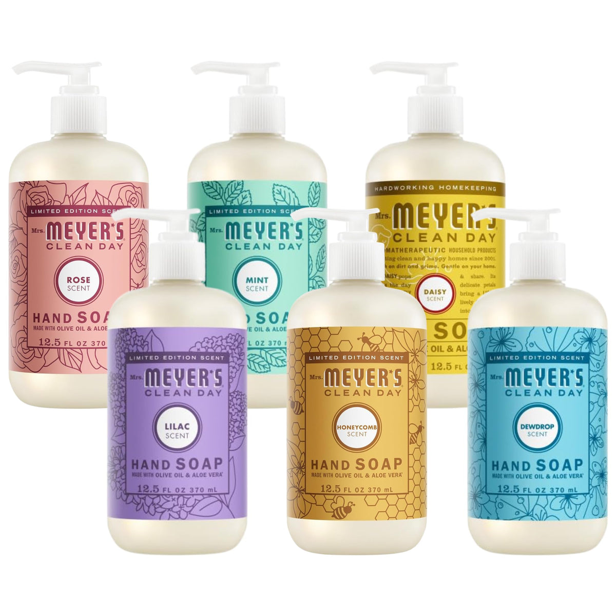 MRS. MEYER'S Liquid Hand Soap 12.5 OZ Scents Variety Pack 6 ( Rosemary, Basil, Geranium, Honeysuckle, Lavender, and Lemon Verbena)