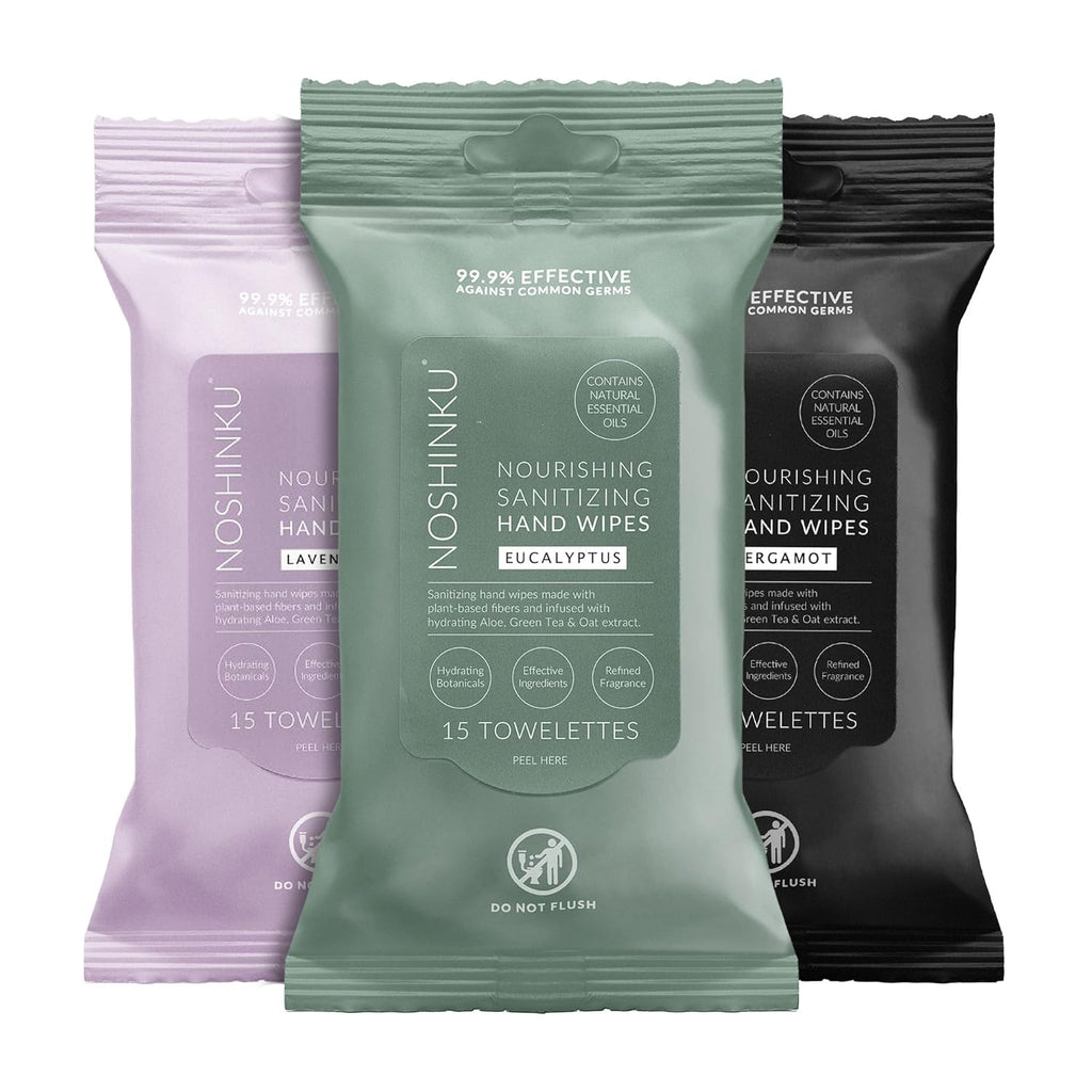 Noshinku Discovery Hand Sanitizer Wipes, 3-Pack (45 Towelettes) – Resealable Travel Wipes with Ethyl Alcohol, Aloe & Green Tea, Plant-Based Fiber, Essential Oil Scents, Cruelty-Free & No Dyes