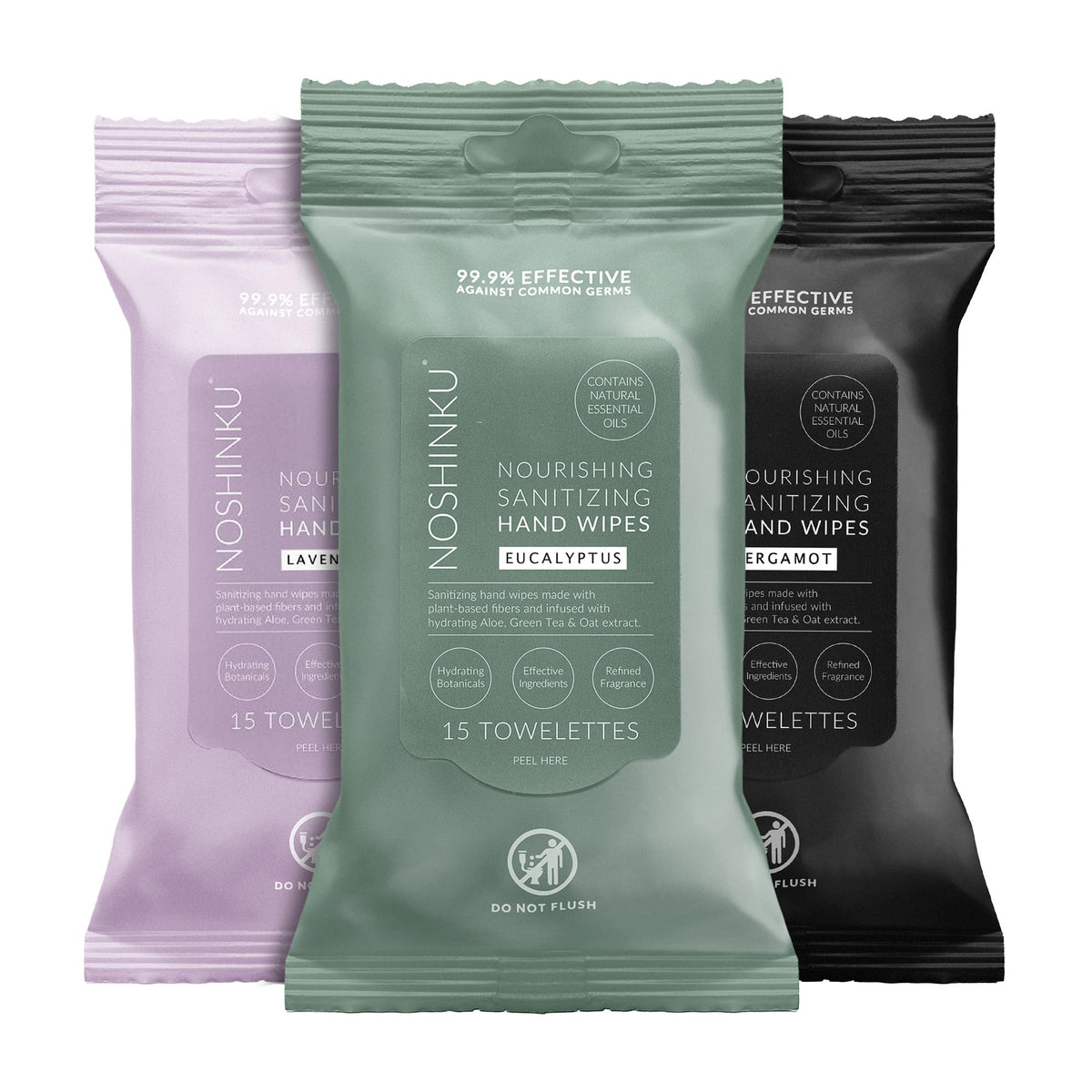Noshinku Discovery Hand Sanitizer Wipes, 3-Pack (45 Towelettes) – Resealable Travel Wipes with Ethyl Alcohol, Aloe & Green Tea, Plant-Based Fiber, Essential Oil Scents, Cruelty-Free & No Dyes