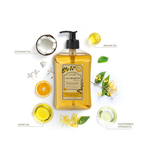 A LA MAISON Honeysuckle French Liquid Hand Soap - Natural Hand Wash Made with Essential Oils - Biodegradable, Plant-Based, Vegan, Cruelty-Free, Alcohol & Paraben Free (16.9 oz, 3 Pack)