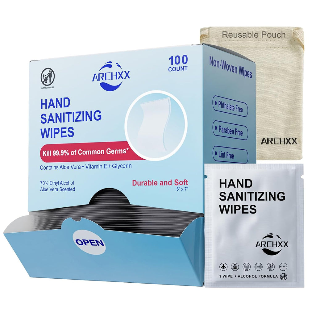 ARCHXX Cotton-Like Softness Hand Sanitizer Wipes, 100 Count, Antibacterial Hand Wipes Individually Wrapped, 70% Alcohol, Travel Size, Sanitizing for Home, Office & Outdoor, Aloe Vera Scent