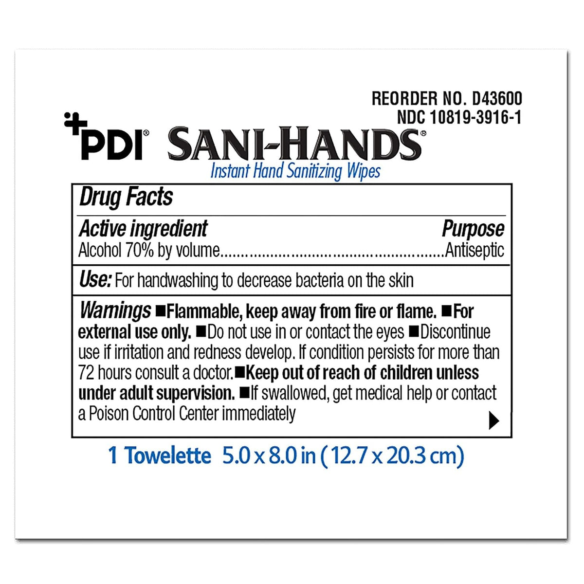 PDI D43600 Sani-Hands�Instant Hand Sanitizing Wipes 5" X 8" 100/Pk