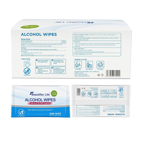 Beautifier Life 100 Count Individually Packed Hand Sanitizing Wipes - 75% Alcohol Formula with Aloe, Moisturizer, and Vitamin E - Premium Sanitizer for Travel, Home, Office, and School Use