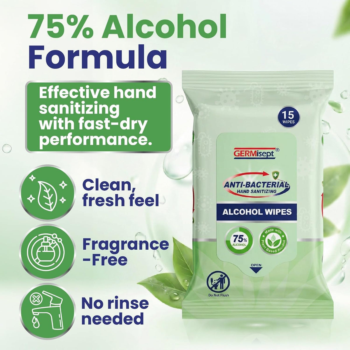 Germisept Advanced 75% Alcohol Hand Sanitizer Pocket Friendly Wipes (15 Count x 6 Pack = 120 Wipes) Bulk Buy
