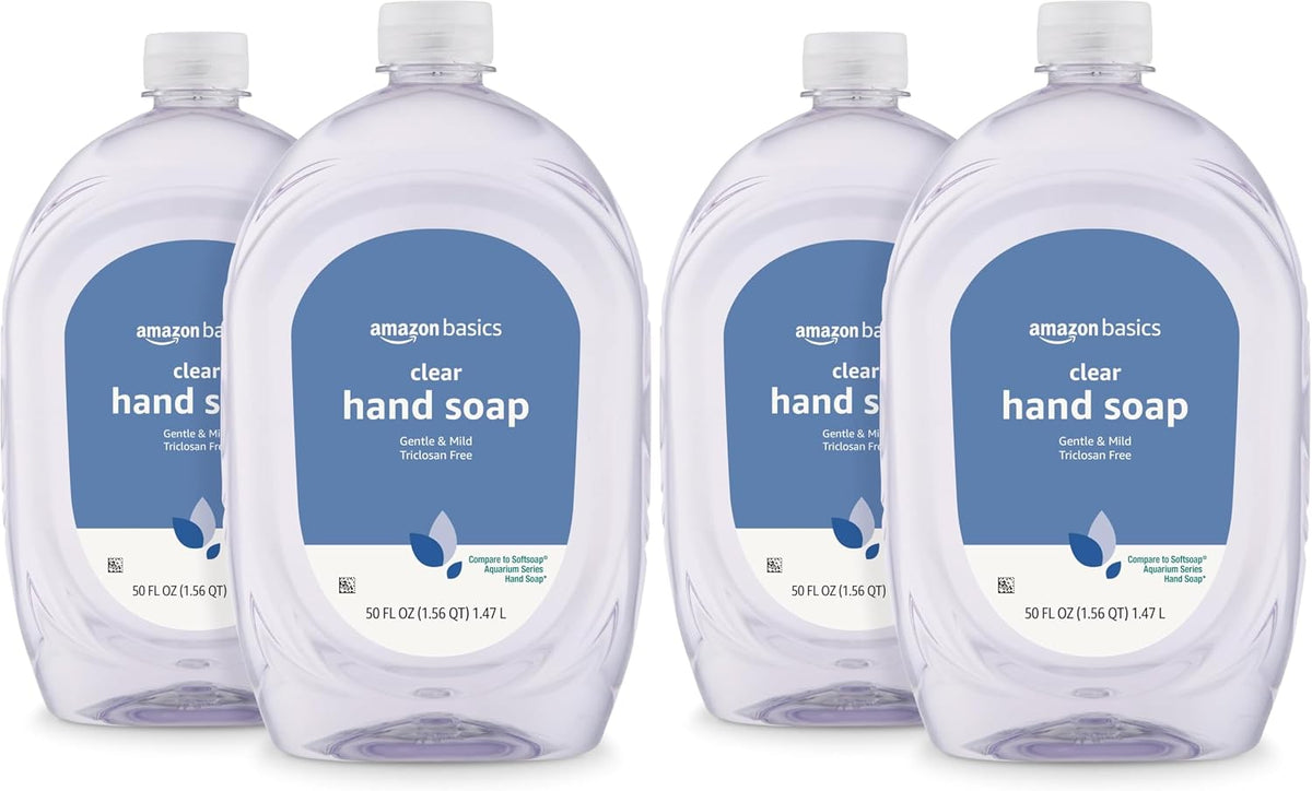 Amazon Basics Gentle & Mild Clear Liquid Hand Soap Refill, Triclosan-Free, Dermatologist-Tested, pH Balanced, 50 Fl Oz, (Previously Solimo) (Pack of 4)