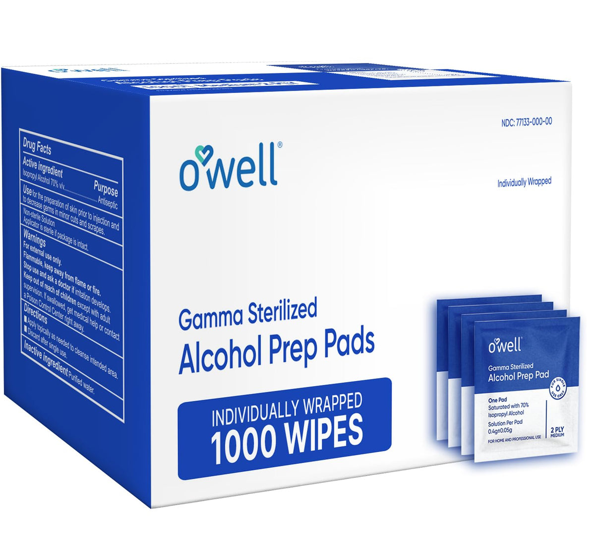 OWELL Prep Pads - 100 Individually Wrapped Sterile Alcohol Wipes, Medium 2-Ply Antiseptic Wipes for Disinfecting Skin, First Aid Kit Alcohol Swabs (100 Count)