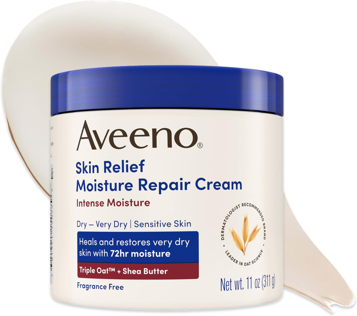 Aveeno Skin Relief Intense Moisture Repair Body Cream with Triple Oat & Shea Butter Formula, Moisturizing Cream Heals & Restores Very Dry Skin with Long-Lasting Moisture, Fragrance-Free, 11 Oz