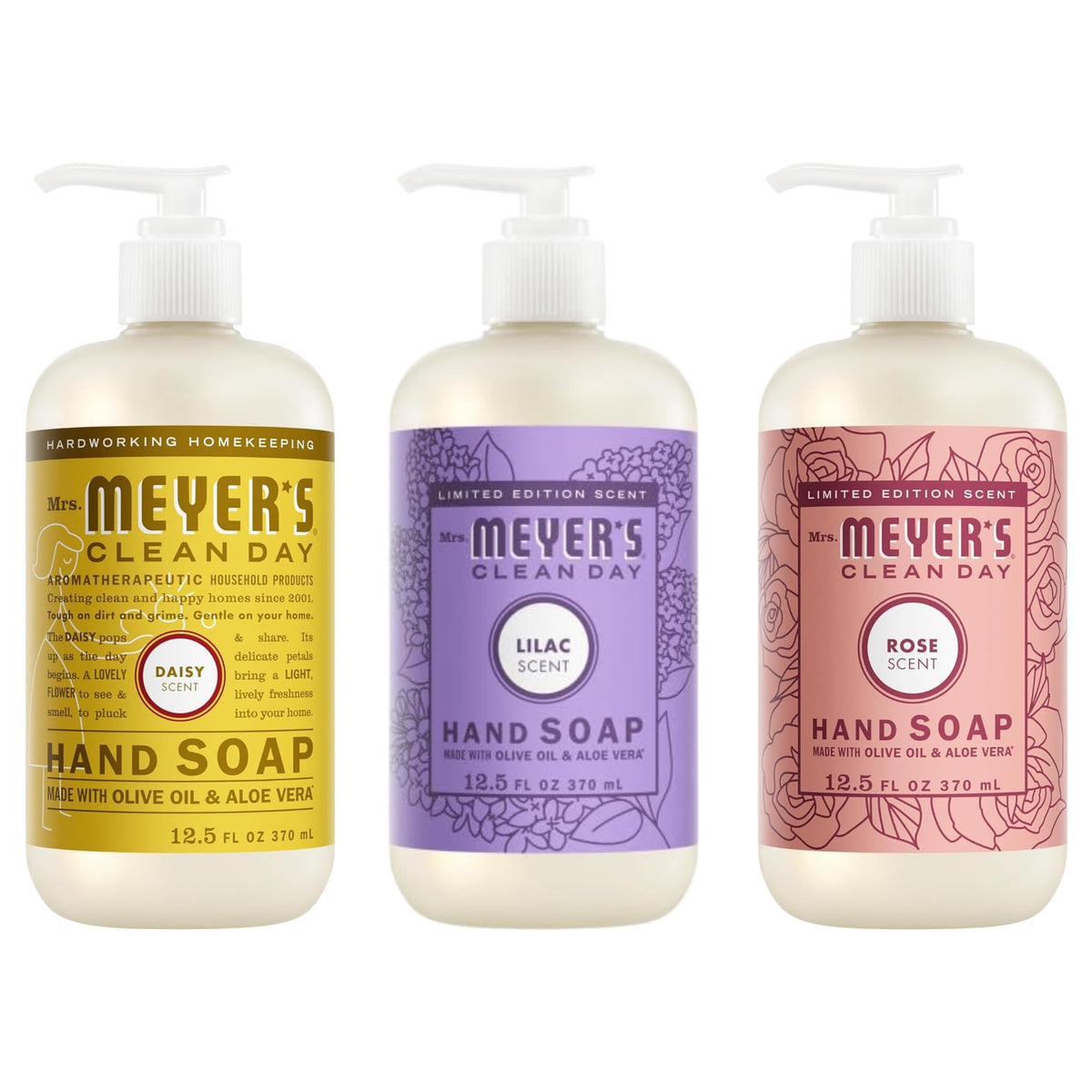 Mrs. MEYER'S CLEAN DAY Liquid Hand Soap Bottle, 12.5 Fl Oz Lilac, Rose, Mint, Lemon, Lavender, Basil (Pack of 6) (Variety Pack)