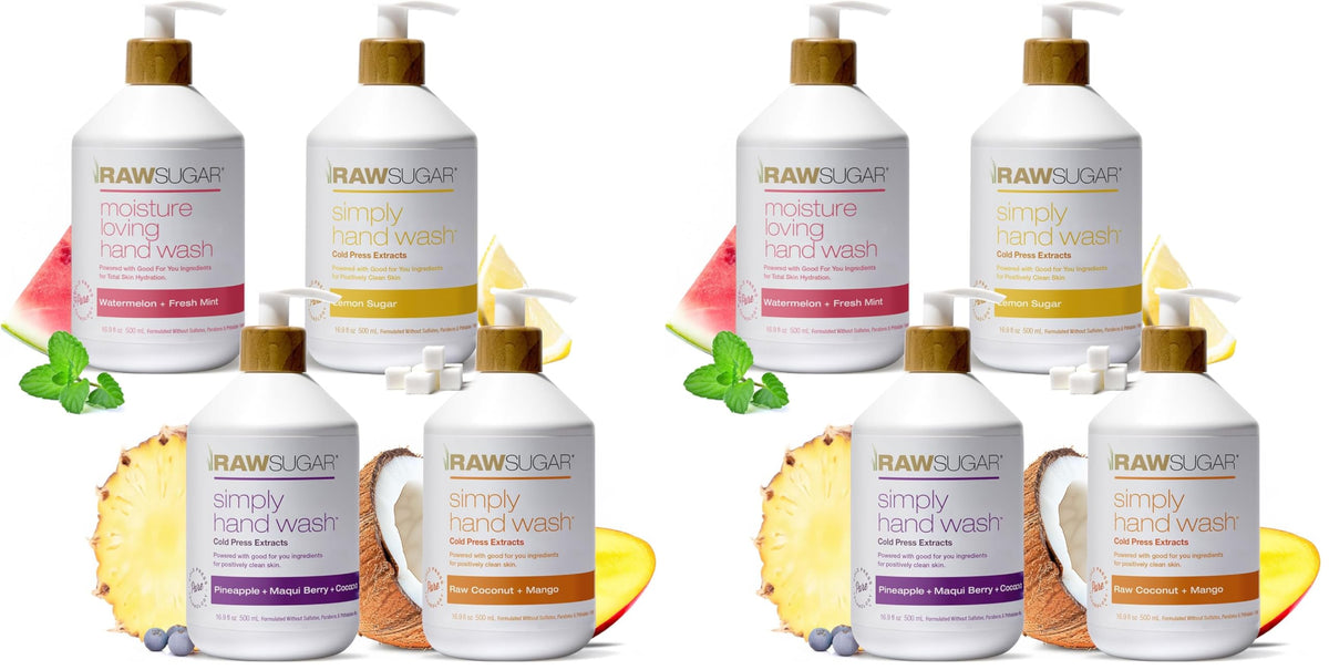 RAW SUGAR Hand Wash Variety Bundle (12 Fl Oz, Pack of 4) Vegan Soap, Coconut Mango Glow, Pineapple Maqui Berry Reviver, Watermelon Mint Refresh, Lemon Sugar Love, Made without SLS/SLES & Parabens