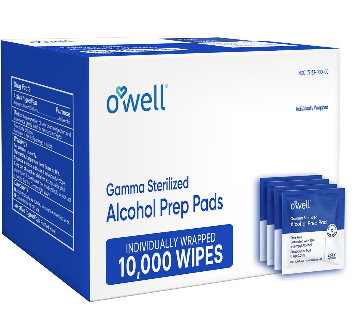 OWELL Prep Pads - 100 Individually Wrapped Sterile Alcohol Wipes, Medium 2-Ply Antiseptic Wipes for Disinfecting Skin, First Aid Kit Alcohol Swabs (100 Count)