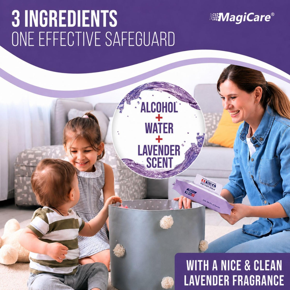 MagiCare 75% Large Alcohol Wipes, Lavender Scented Hand Sanitizer Wipes