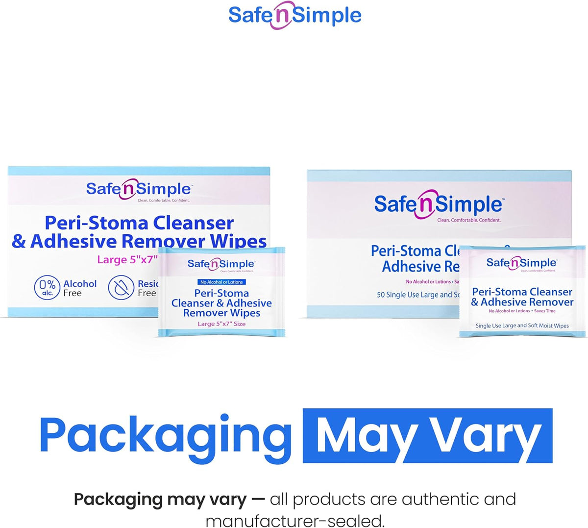 Safe n' Simple Adhesive Remover for Skin - 5"x7" 50 Wipes - Stoma Adhesive Remover Wipes - Alcohol Free Wipes for Sensitive Skin - No Sting Adhesive Remover Wipes