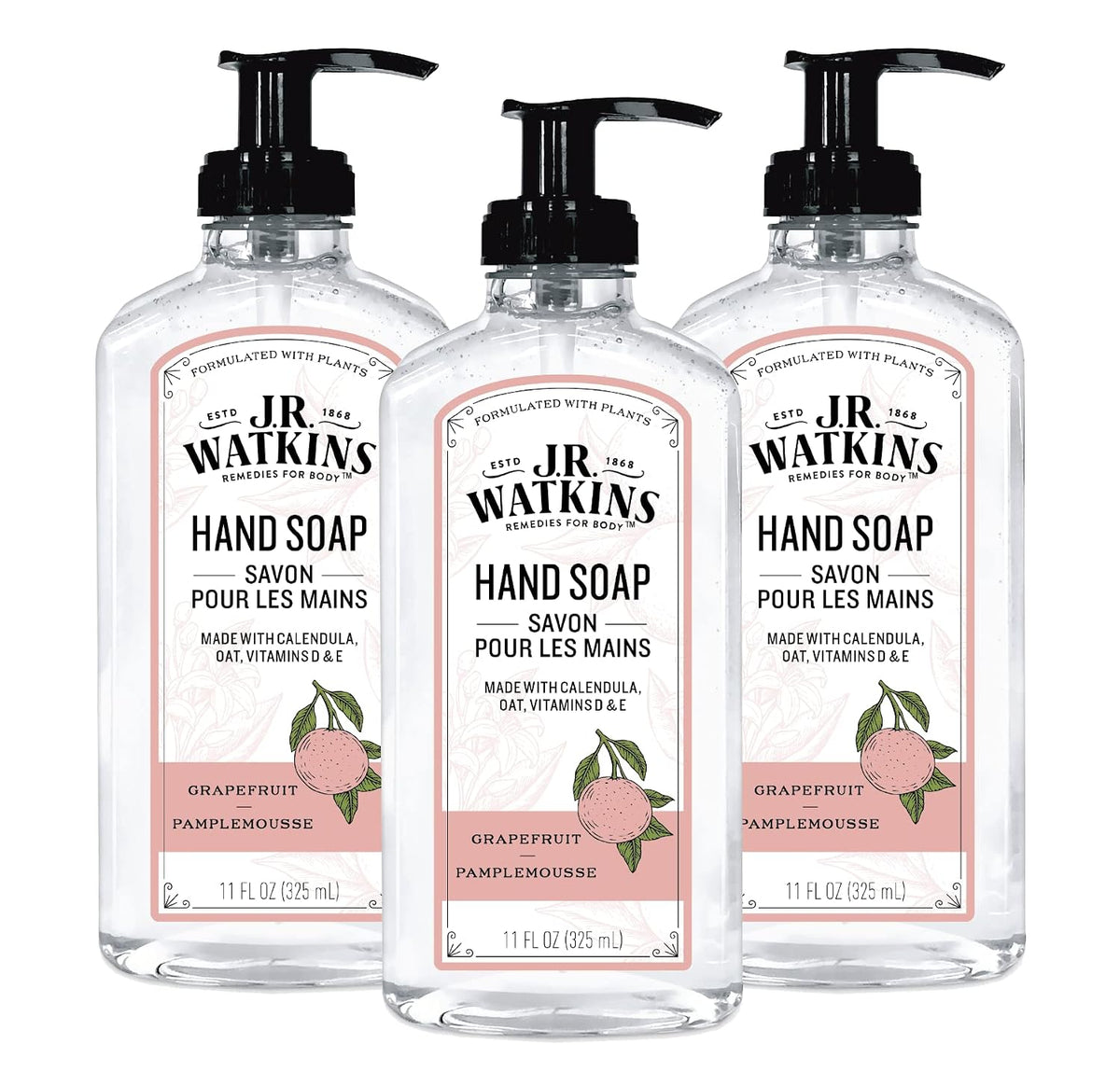 J.R. Watkins Gel Hand Soap Dispenser 3 Pack, Grapefruit, 11 fl oz