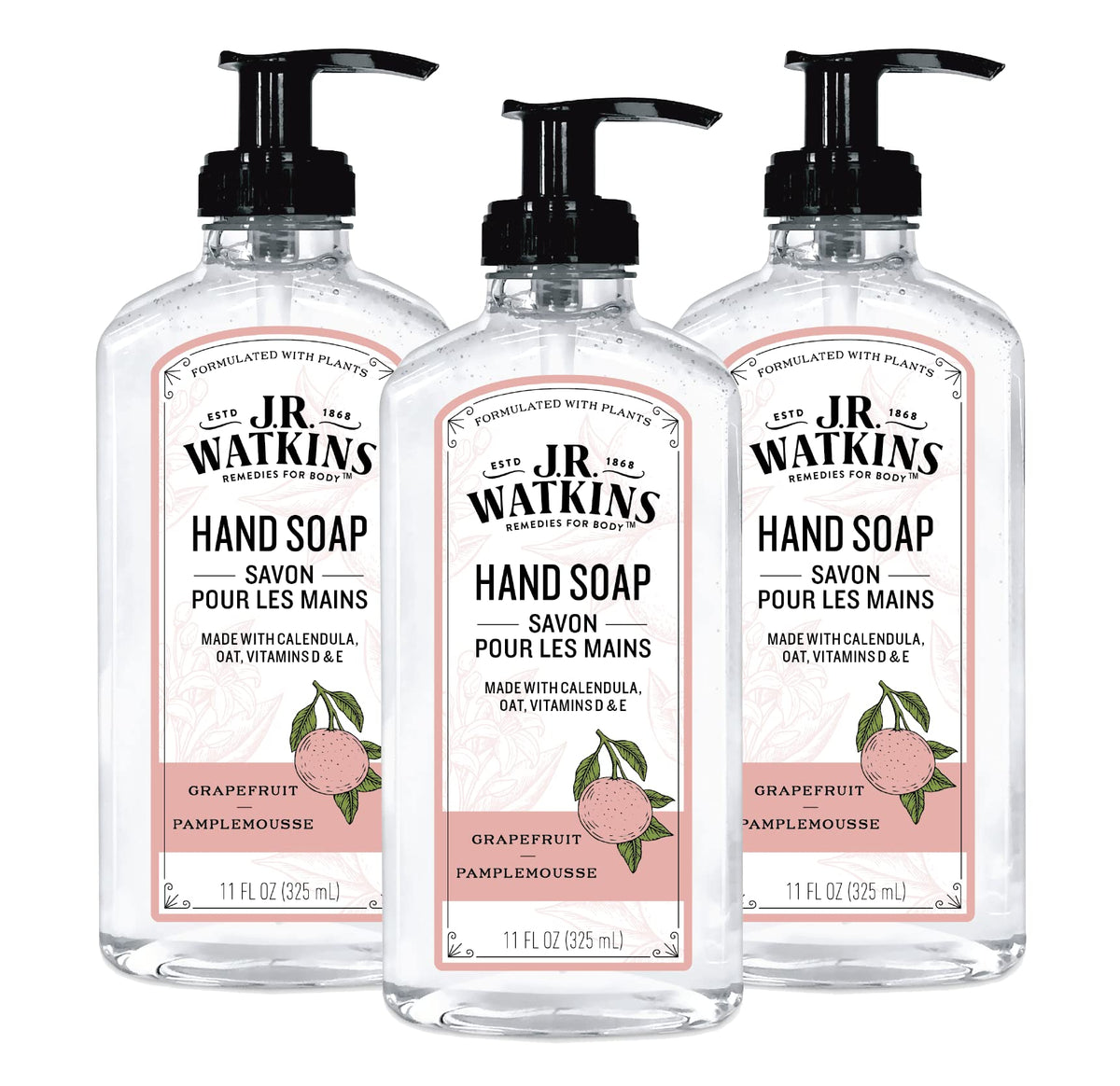 J.R. Watkins Gel Hand Soap Dispenser 3 Pack, Grapefruit, 11 fl oz