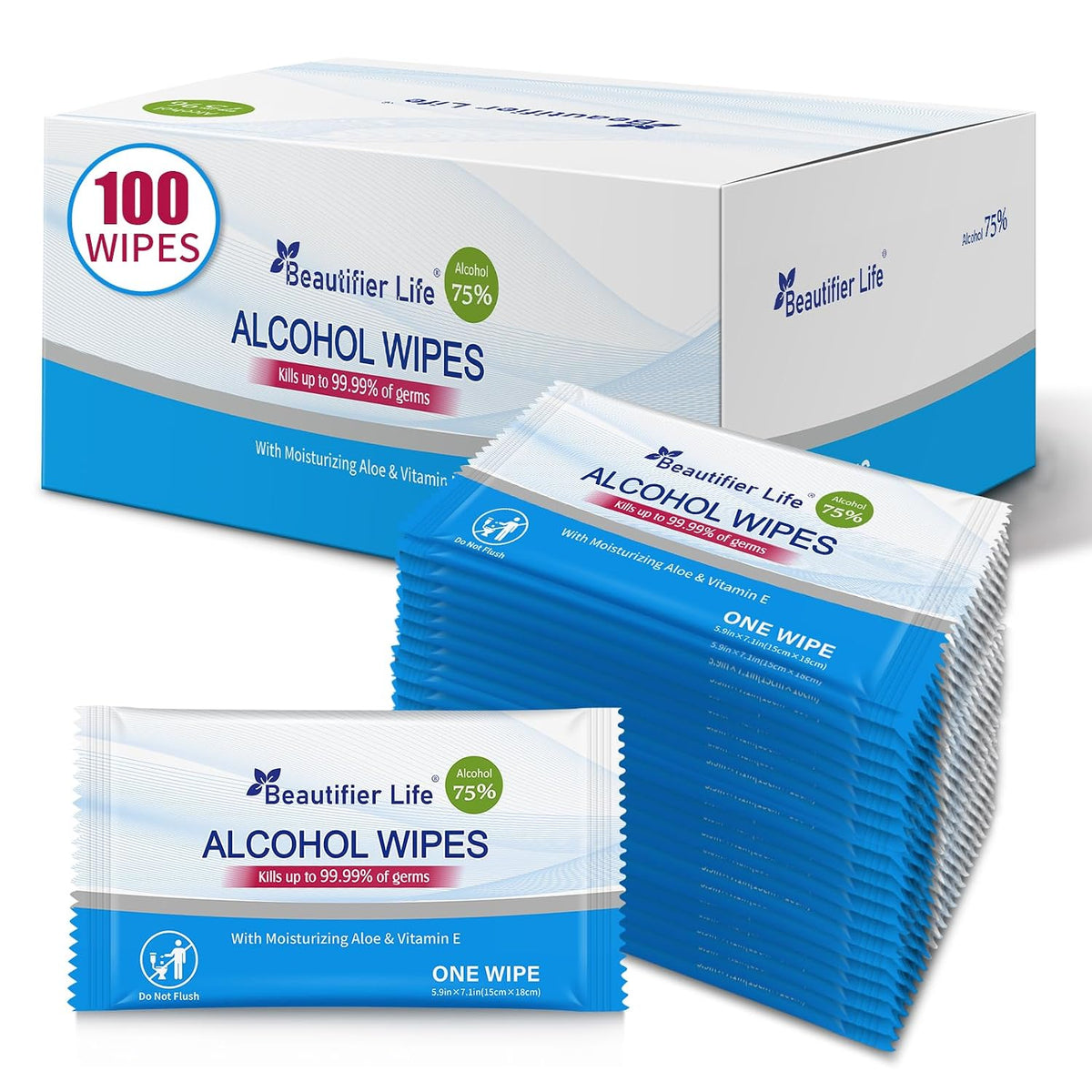 Beautifier Life 100 Count Individually Packed Hand Sanitizing Wipes - 75% Alcohol Formula with Aloe, Moisturizer, and Vitamin E - Premium Sanitizer for Travel, Home, Office, and School Use