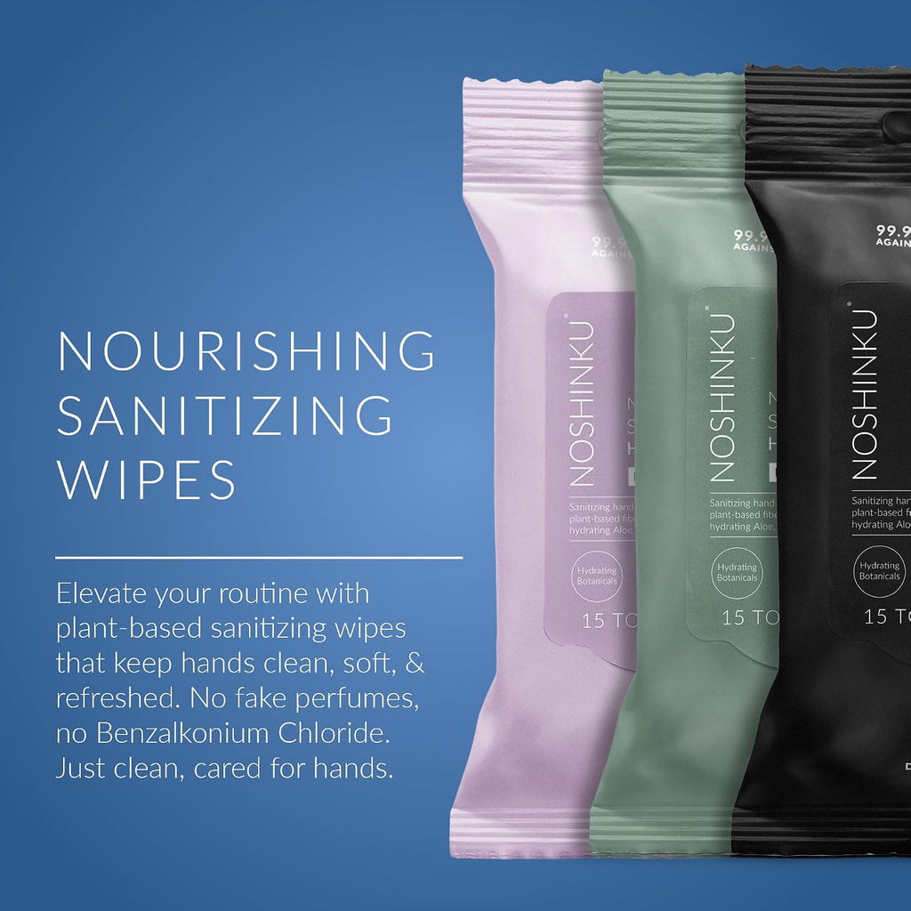 Noshinku Discovery Hand Sanitizer Wipes, 3-Pack (45 Towelettes) – Resealable Travel Wipes with Ethyl Alcohol, Aloe & Green Tea, Plant-Based Fiber, Essential Oil Scents, Cruelty-Free & No Dyes