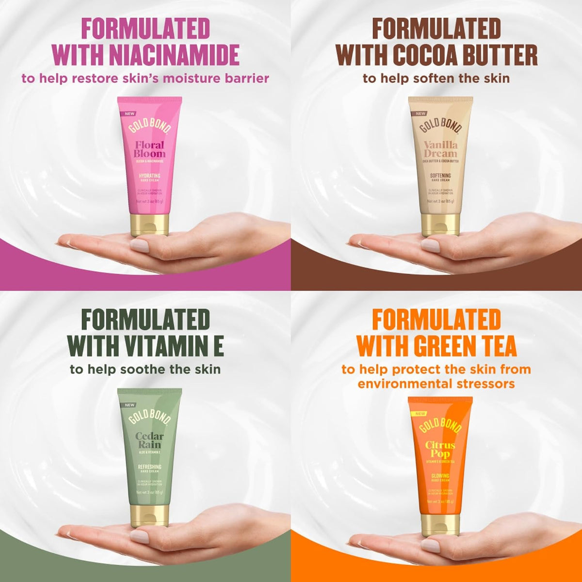 Gold Bond Scented Hand Cream Set, Everyday Hand Cream to Hydrate the Skin, Assorted Scents, 3 oz, 4 pk