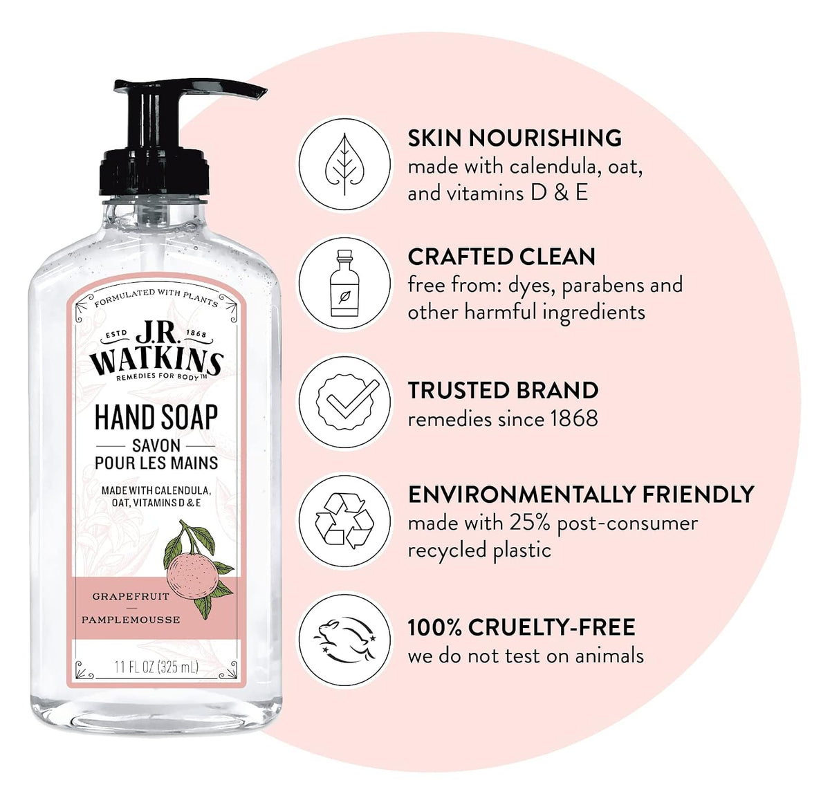 J.R. Watkins Gel Hand Soap Dispenser 3 Pack, Grapefruit, 11 fl oz