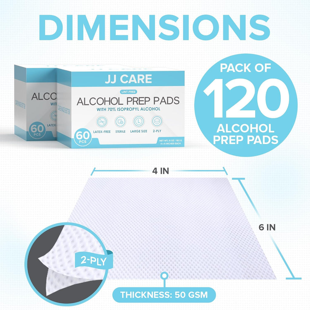 Large Alcohol Prep Pads [Pack of 120], 4 x 6" Sterile Prep Pads Individually Wrapped, 70% Isopropyl Alcohol Wipes, 2 Ply First Aid Swabs, Perfect for Medical, First Aid Kit & Home