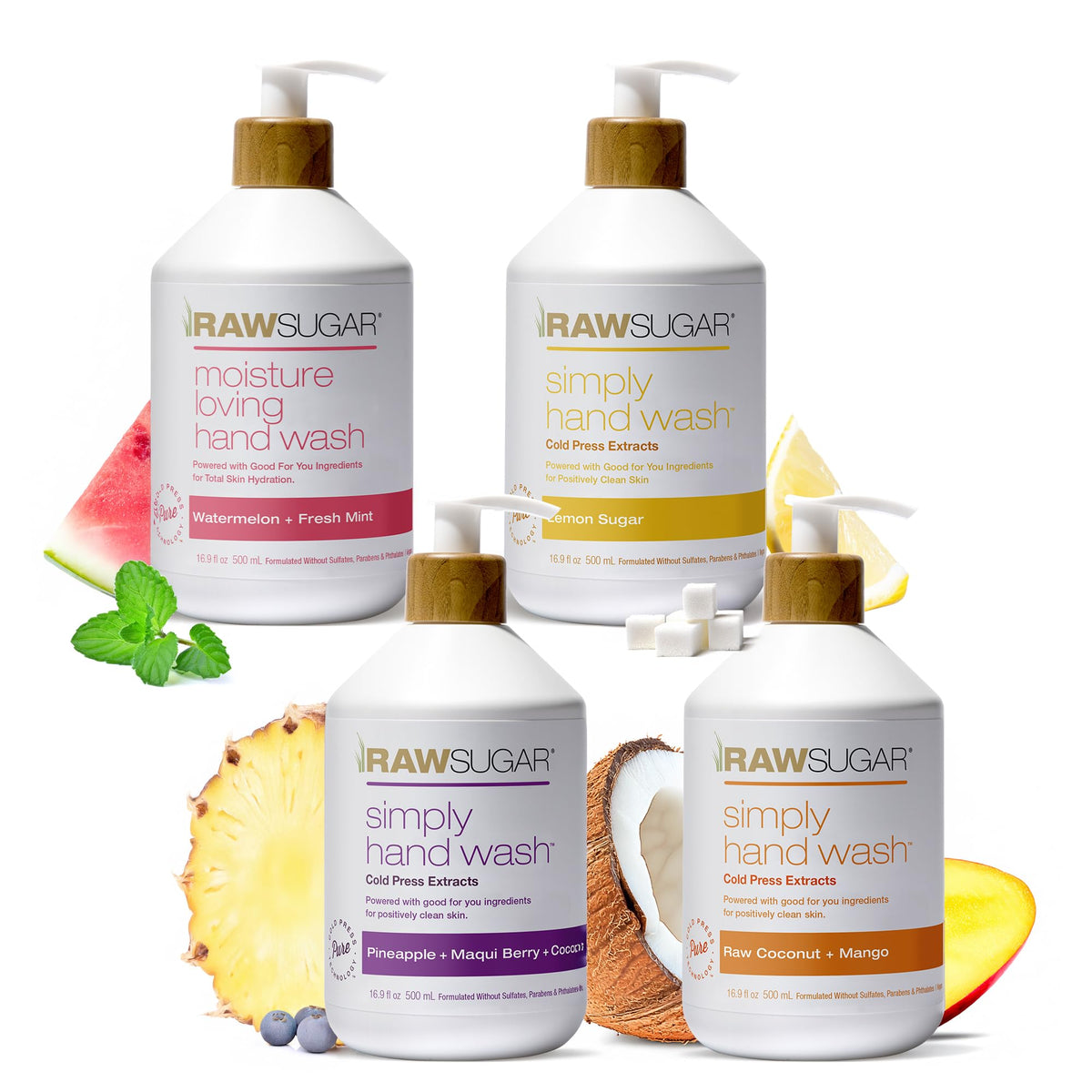 RAW SUGAR Hand Wash Variety Bundle (12 Fl Oz, Pack of 4) Vegan Soap, Coconut Mango Glow, Pineapple Maqui Berry Reviver, Watermelon Mint Refresh, Lemon Sugar Love, Made without SLS/SLES & Parabens