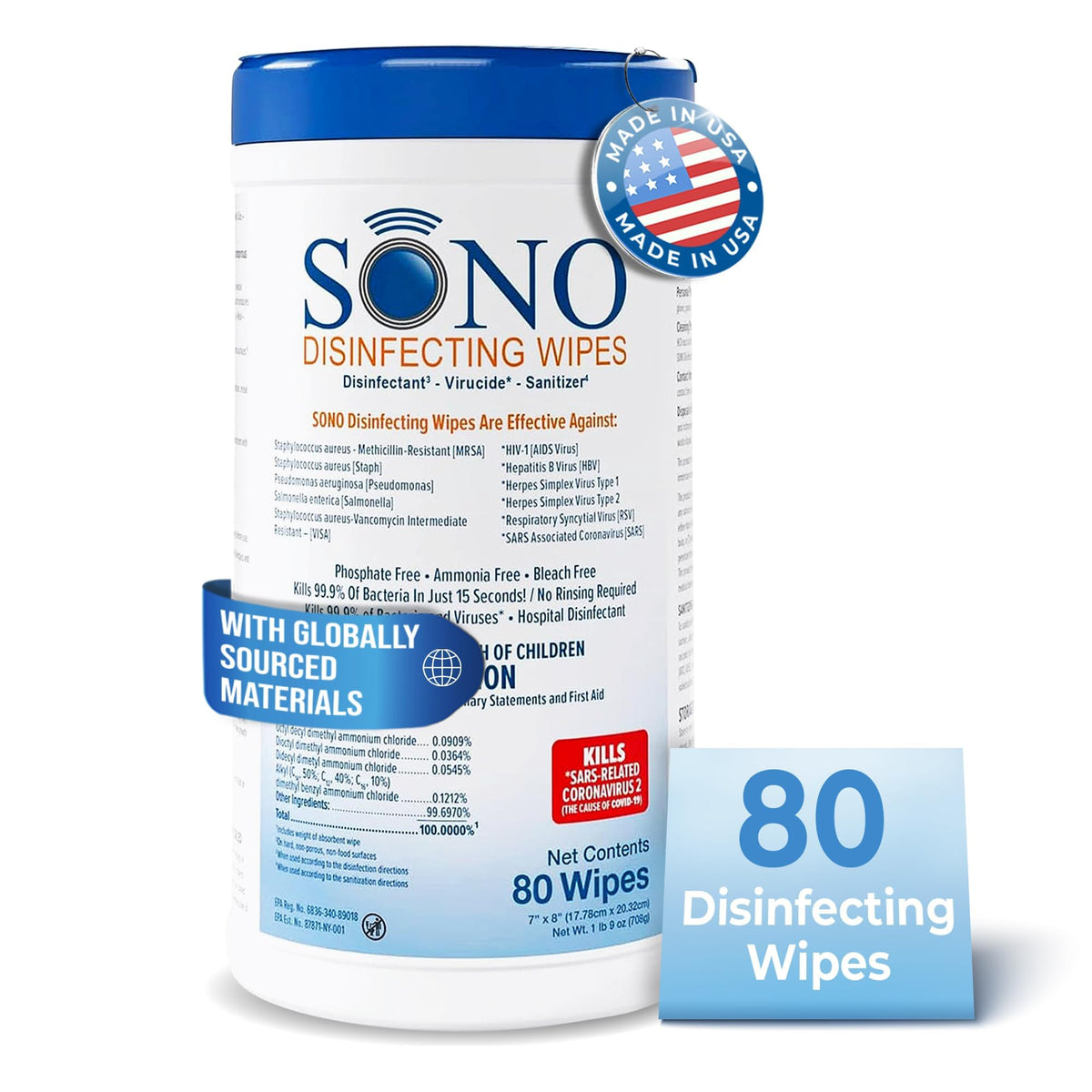 SONO Disinfecting Wipes - Alcohol-Free, No Bleach, Medical-Grade I Multi-Surface Cleaning for Home, School, Office, Hospital, Gym I Gentle on Electronic Devices I Everyday Use I 80 CT