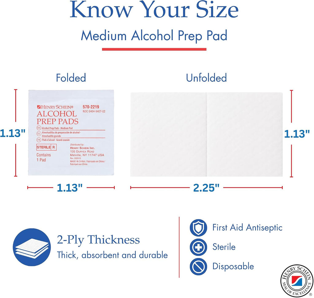 Henry Schein Medium Alcohol Prep Pads, 70% IPA, 2-ply, Sterile, 200 Ct