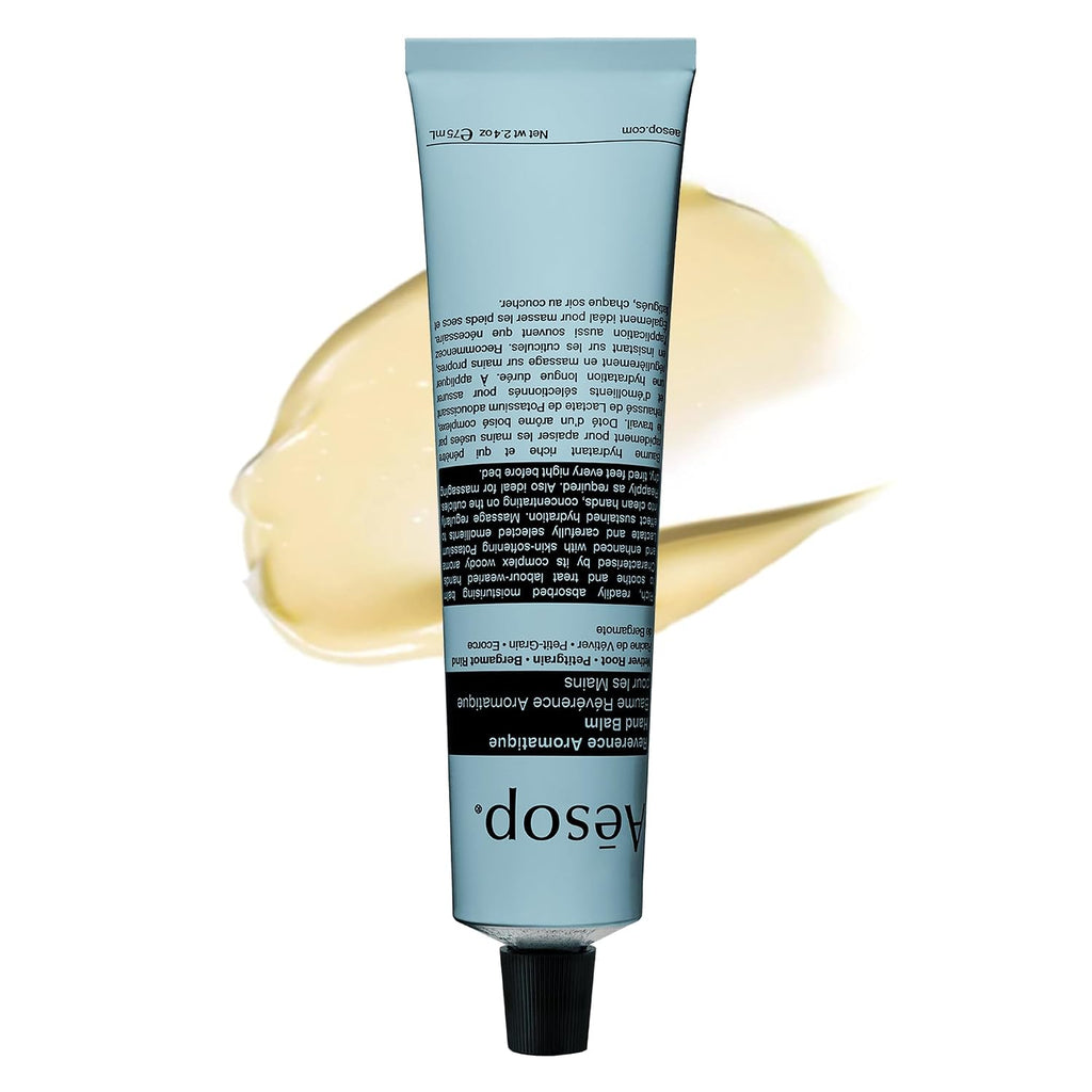 Aesop Reverence Aromatique Travel Size Hand Balm | Lotion that Gently Exfoliates Dry Hands + Nourishes with Macadamia Seed Oil and Shea Butter | 2.4 oz / 75 mL