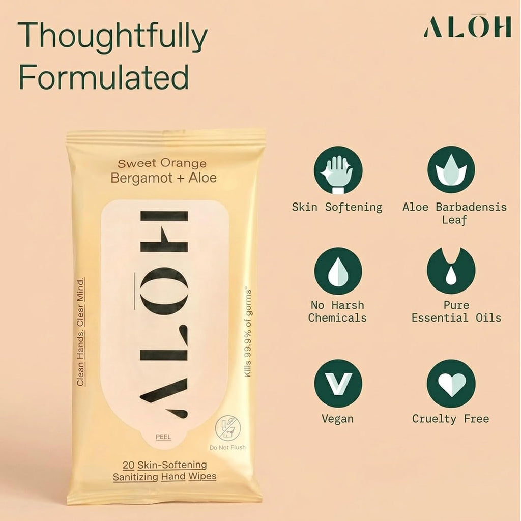 ALŌH Sweet Orange Bergamot + Aloe Hand Sanitizer Wipes, Travel Size