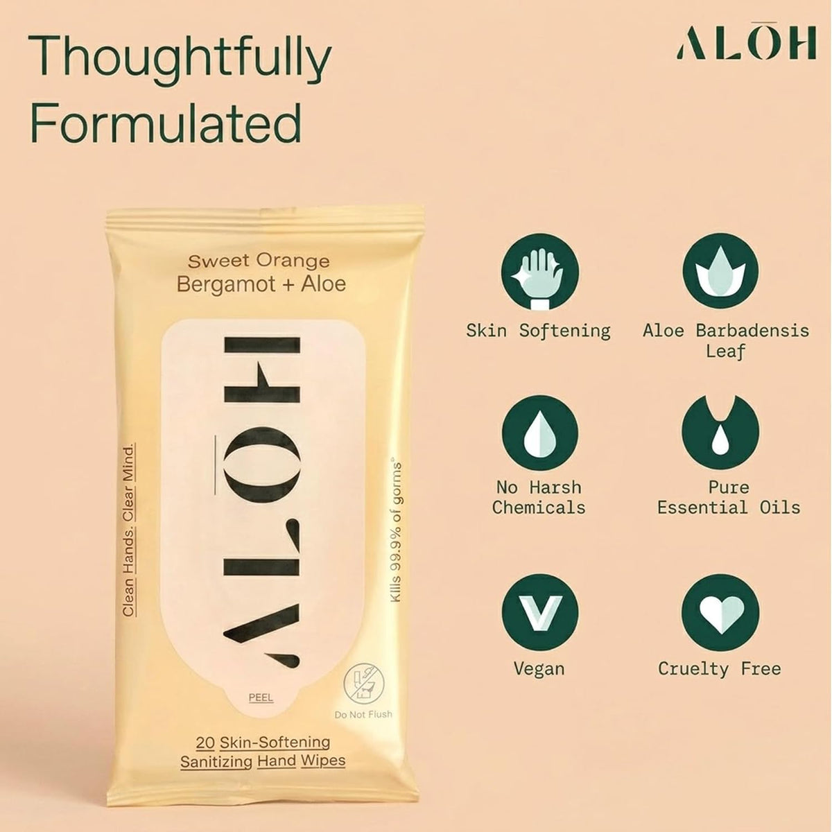 ALŌH Sweet Orange Bergamot + Aloe Hand Sanitizer Wipes, Travel Size