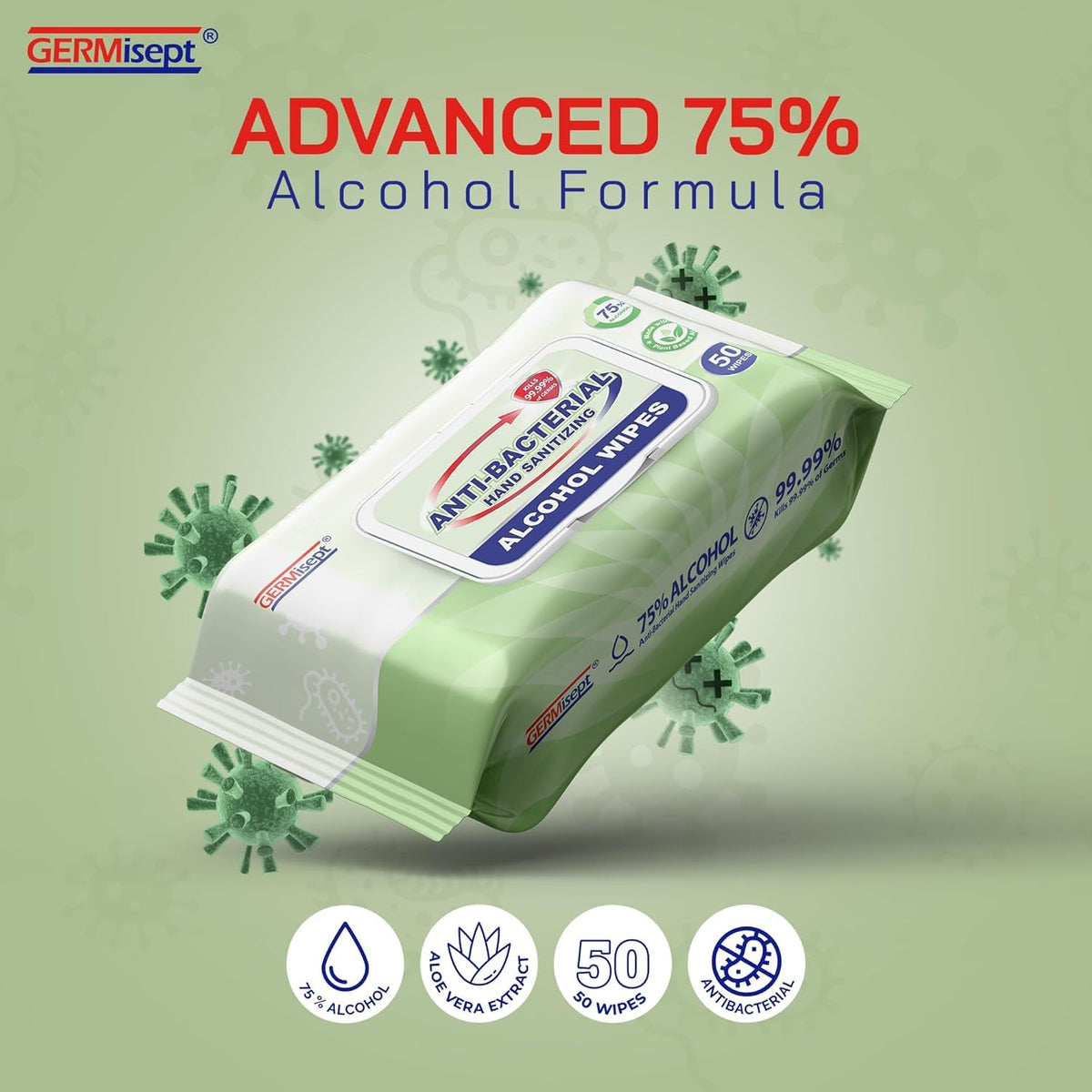Advanced 75% Alcohol Antiseptic Hand Sanitizer Multipurpose Wipes ((50 Count x 24 Pack = 1200 Wipes))
