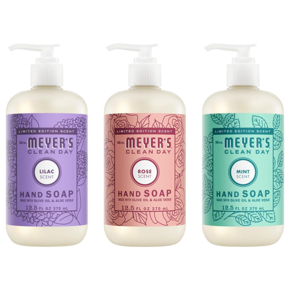 Mrs. MEYER'S CLEAN DAY Liquid Hand Soap Bottle, 12.5 Fl Oz Lilac, Rose, Mint, Lemon, Lavender, Basil (Pack of 6) (Variety Pack)