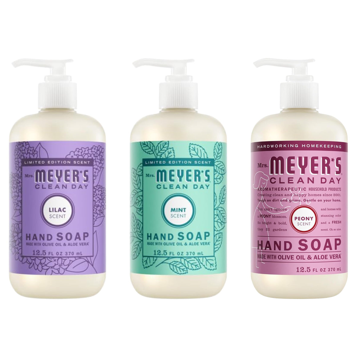 Mrs. MEYER'S CLEAN DAY Liquid Hand Soap Bottle, 12.5 Fl Oz Lilac, Rose, Mint, Lemon, Lavender, Basil (Pack of 6) (Variety Pack)