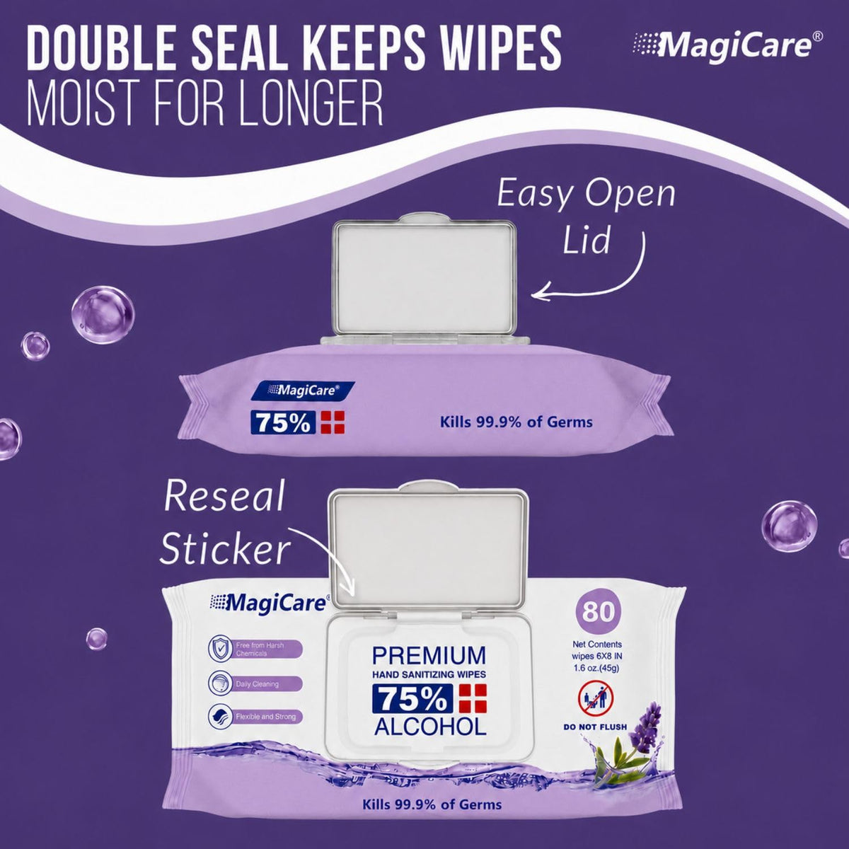 MagiCare 75% Large Alcohol Wipes, Lavender Scented Hand Sanitizer Wipes