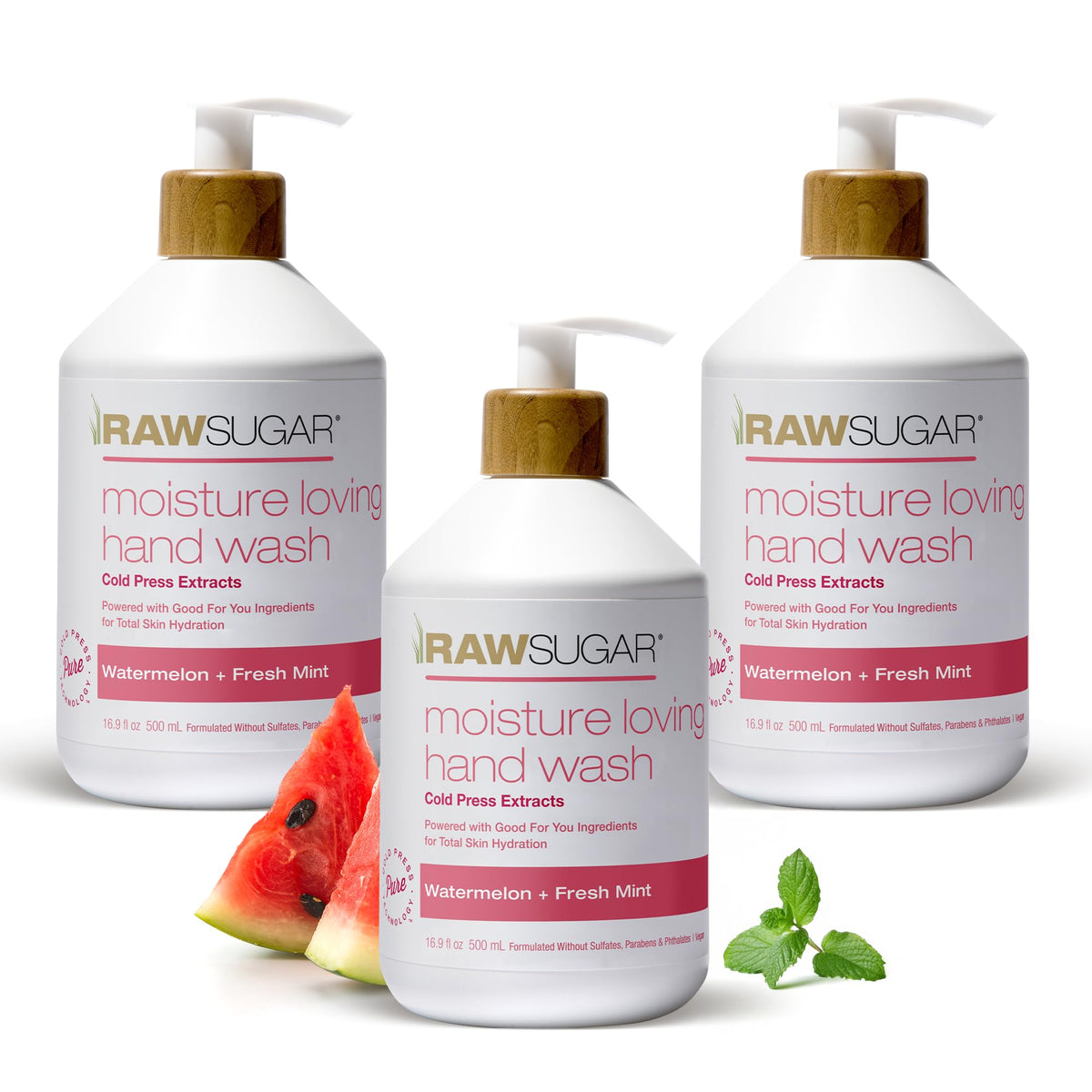 RAW SUGAR Hand Wash Variety Bundle (12 Fl Oz, Pack of 4) Vegan Soap, Coconut Mango Glow, Pineapple Maqui Berry Reviver, Watermelon Mint Refresh, Lemon Sugar Love, Made without SLS/SLES & Parabens