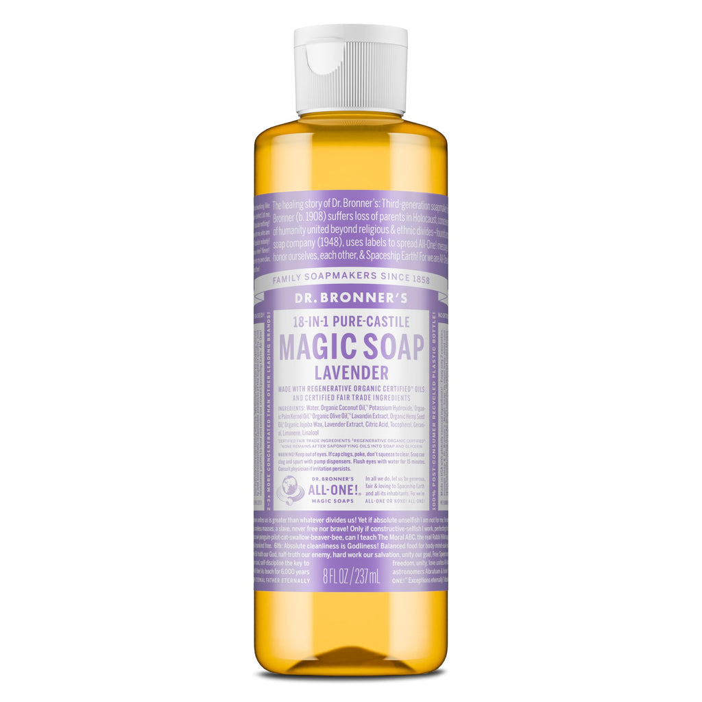 Dr. Bronner's Pure-Castile Liquid Soap, Made with Organic Oils, 18-in-1 Uses: Face, Body, Hair, Laundry, Pets and Dishes, Concentrated, Vegan, Non-GMO, Lavender, 32 Oz