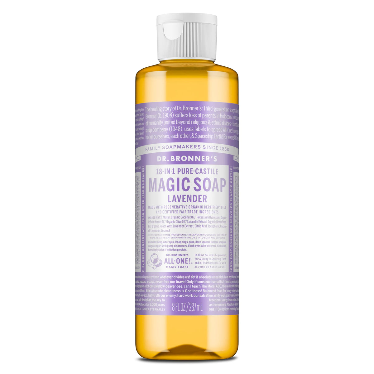 Dr. Bronner's Pure-Castile Liquid Soap, Made with Organic Oils, 18-in-1 Uses: Face, Body, Hair, Laundry, Pets and Dishes, Concentrated, Vegan, Non-GMO, Lavender, 32 Oz