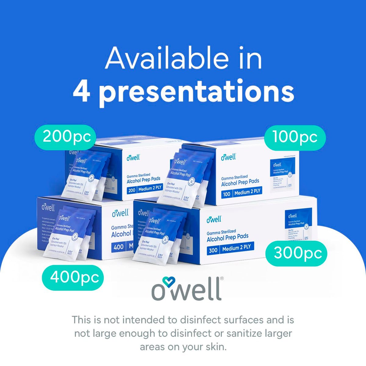 OWELL Prep Pads - 100 Individually Wrapped Sterile Alcohol Wipes, Medium 2-Ply Antiseptic Wipes for Disinfecting Skin, First Aid Kit Alcohol Swabs (100 Count)