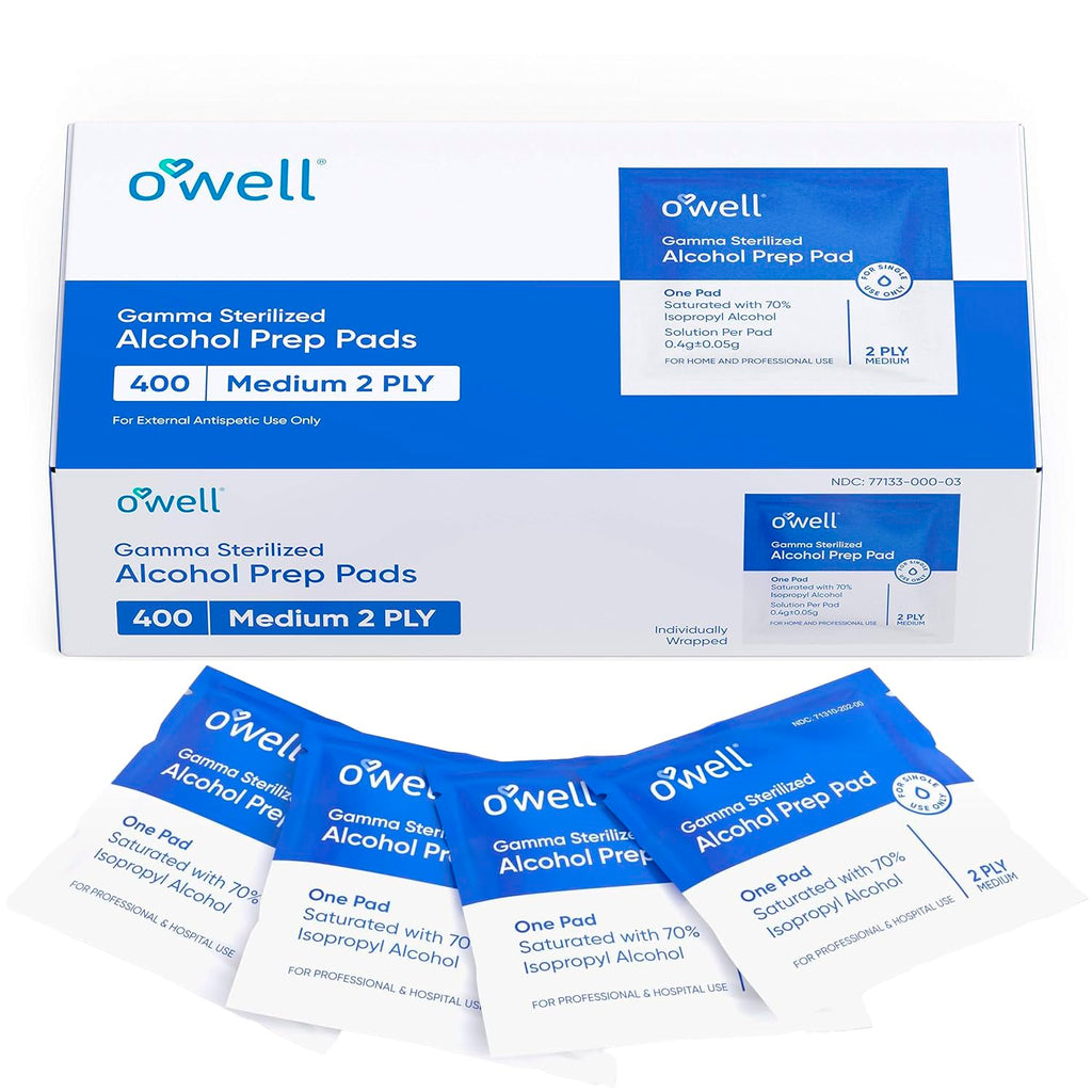 OWELL Prep Pads - 400 Individually Wrapped Sterile Alcohol Wipes, Medium 2-Ply Antiseptic Wipes for Disinfecting Skin, First Aid Kit Alcohol Swabs (400 Count)