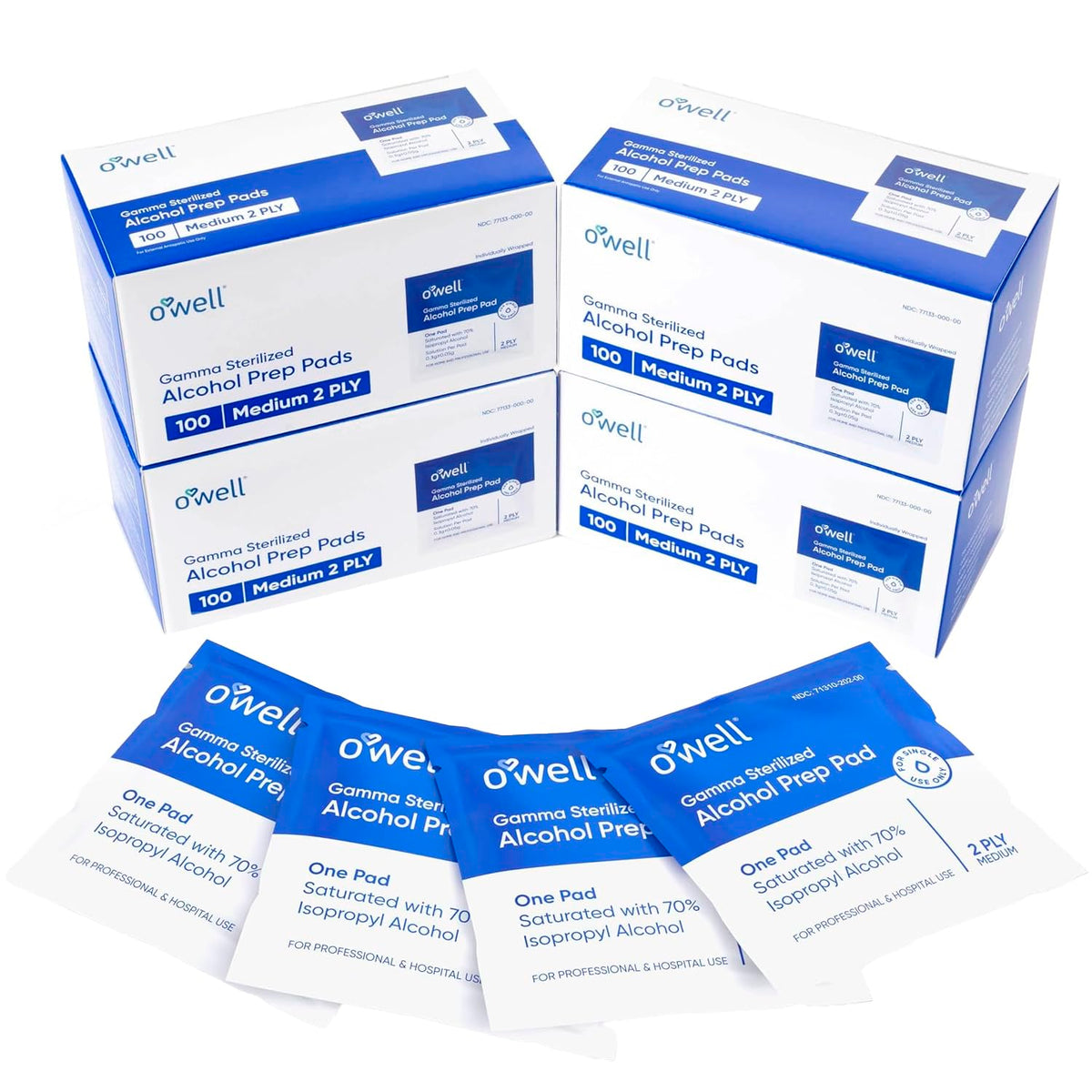 OWELL Prep Pads - 100 Individually Wrapped Sterile Alcohol Wipes, Medium 2-Ply Antiseptic Wipes for Disinfecting Skin, First Aid Kit Alcohol Swabs (100 Count)