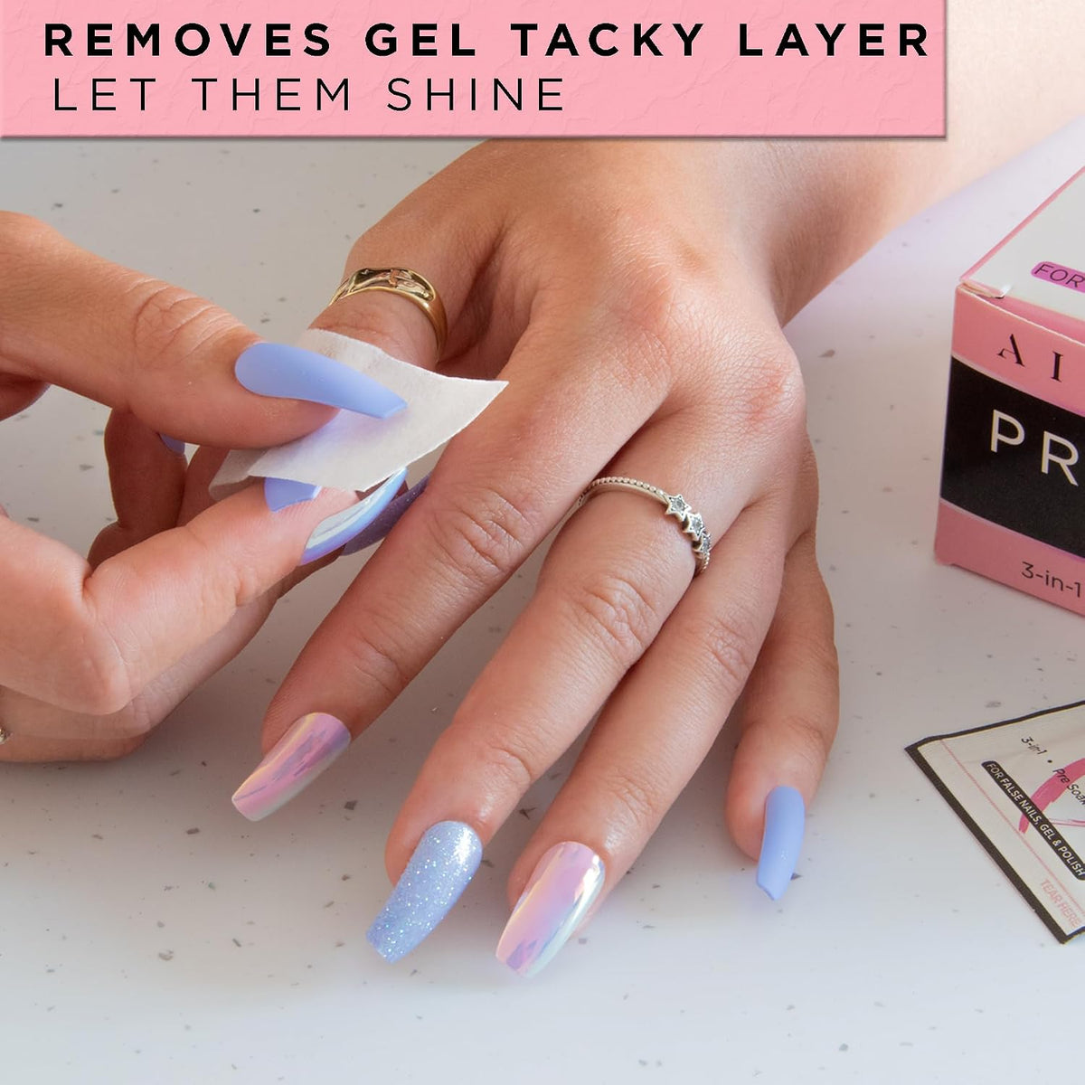 50 AIRRE NAILS Prep & Wipe Alcohol Nail Wipes 3in1 Lint-Free Prep & Shine Cleanser Pads for Gel Polish Sticky Residue & Tacky Layer Remover After UV/LED Curing – For Gel, Acrylic & False Nails & Tips