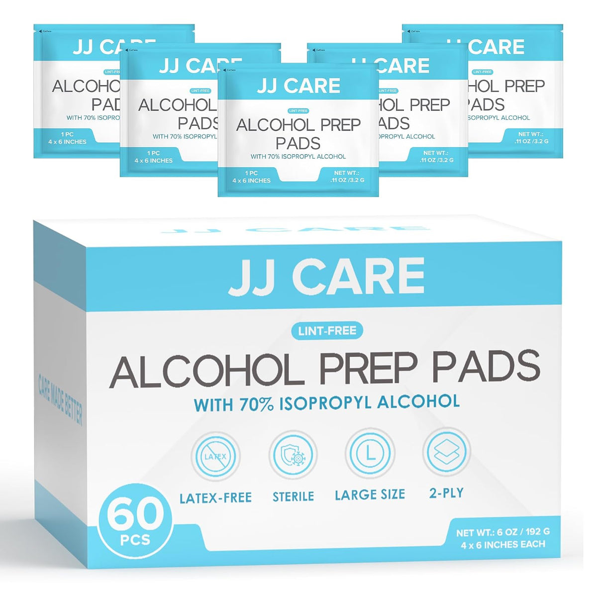 Large Alcohol Prep Pads, 4" x 6" – Pack of 60, Individually Wrapped Sterile 2-Ply Pads with 70% Isopropyl Alcohol, Single-Use Skin Prep Wipes for First Aid Kits, Home & Travel