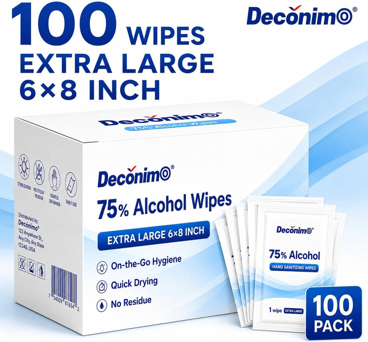 Extra Large 75% Alcohol Wipes, 100 Individually Wrapped 6 x 8 Inch Sanitizing Wipes