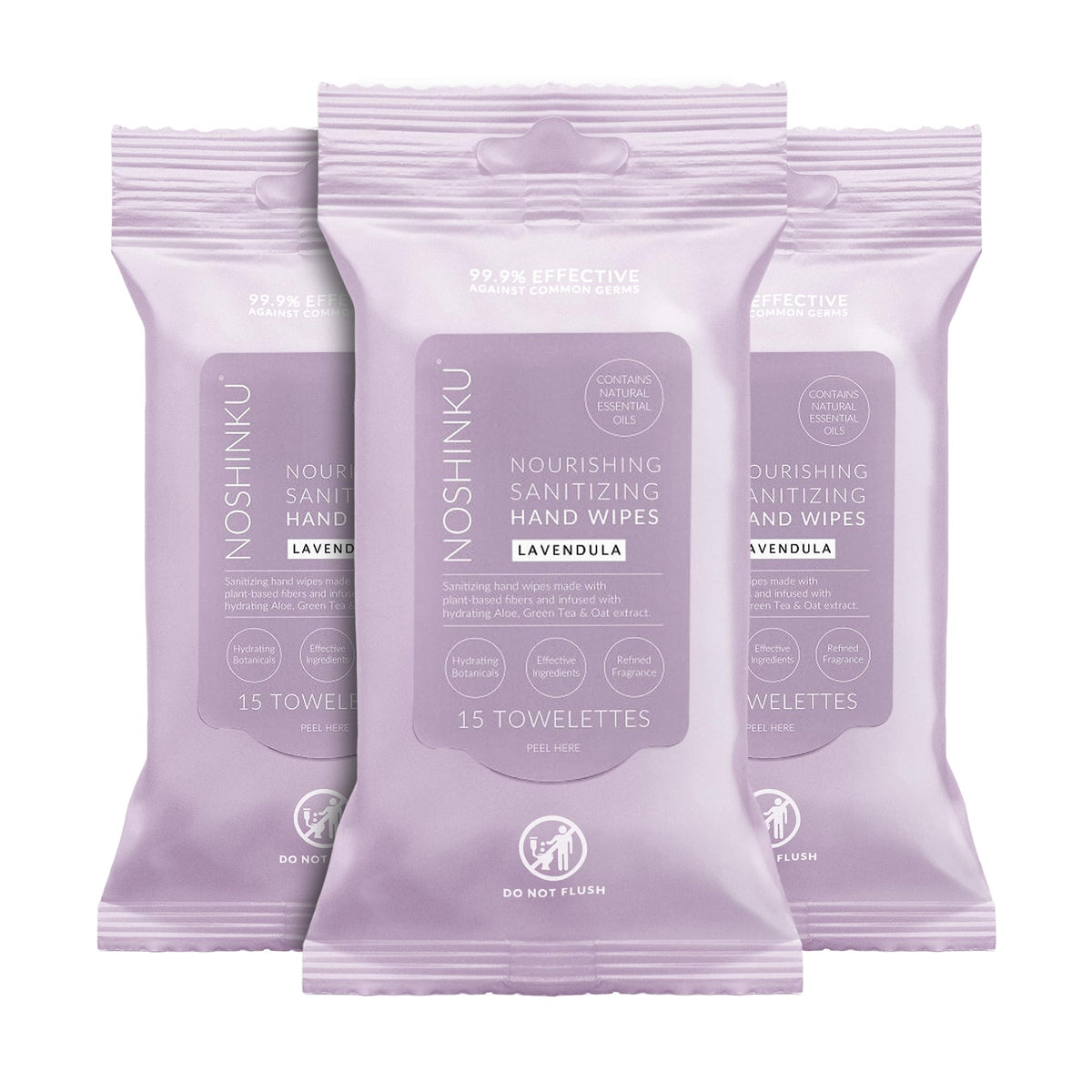 Noshinku Discovery Hand Sanitizer Wipes, 3-Pack (45 Towelettes) – Resealable Travel Wipes with Ethyl Alcohol, Aloe & Green Tea, Plant-Based Fiber, Essential Oil Scents, Cruelty-Free & No Dyes