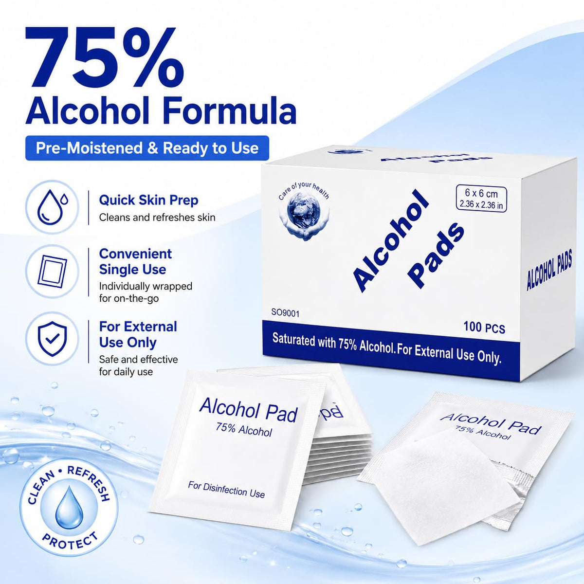 Alcohol Prep Pads, 75% Alcohol Cotton Slices, 100 Pcs Gauze Pads Individually Wrapped Swap Pad Wet Wipe, 6 x 6cm/2.36in x 2.36in