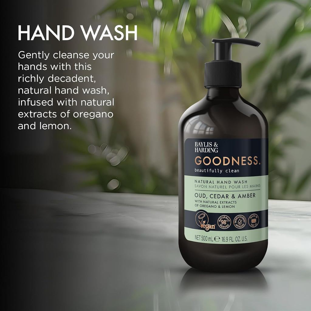 Baylis & Harding Liquid Hand Soap Wash with Dispenser, Goodness, Oud Cedar & Amber, 16.9oz/500ml (3-Pack)