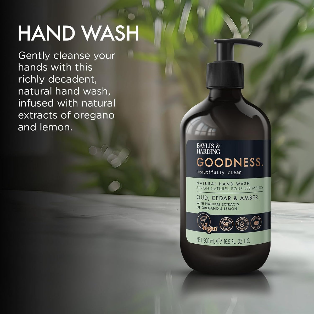 Baylis & Harding Liquid Hand Soap Wash with Dispenser, Goodness, Oud Cedar & Amber, 16.9oz/500ml (3-Pack)